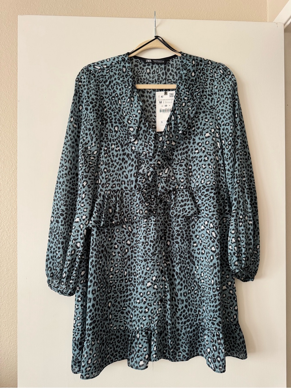 Zara Teal and Black Leopard Print Ruffle Blouse